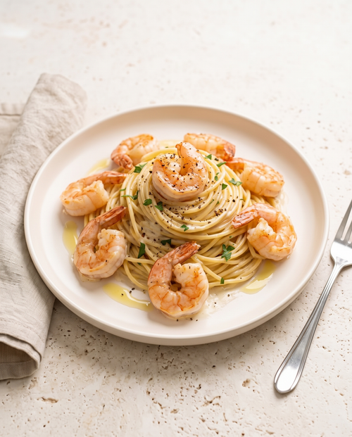 Garnelen-Pasta in Knoblauch-Sahne