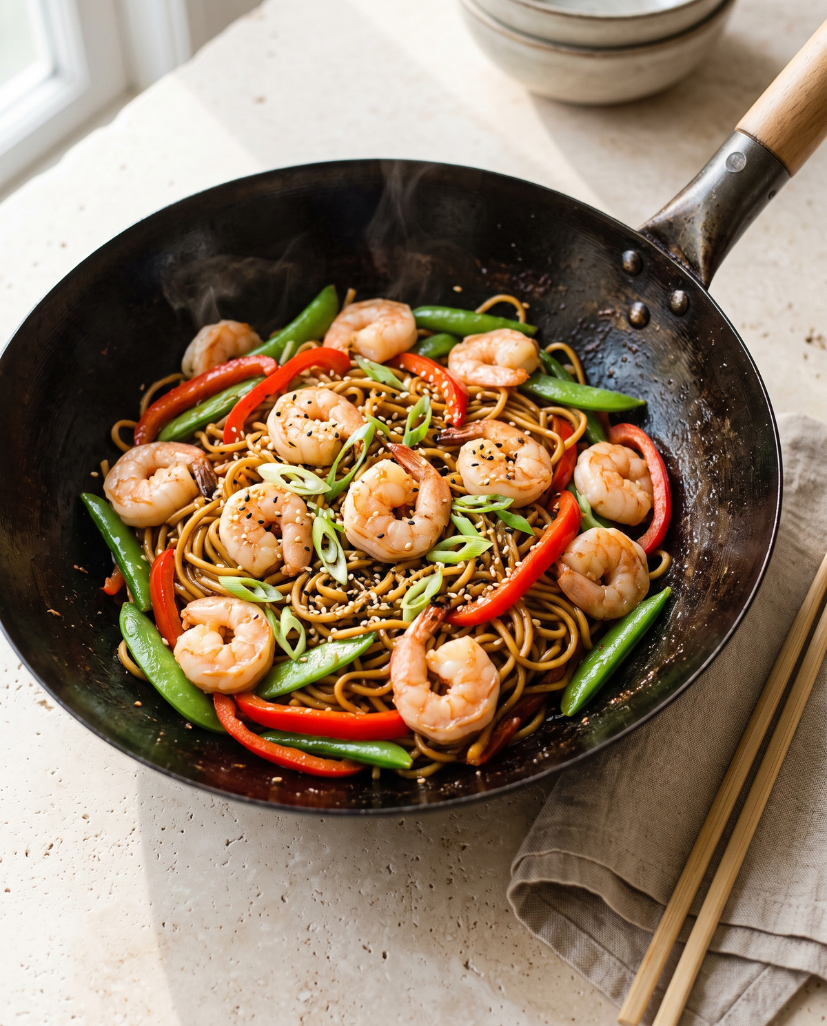 Garnelen-Wok mit Mie-Nudeln – Garnelenkönig Rezept mit Vannamei 26/30 · geschält & entdarmt