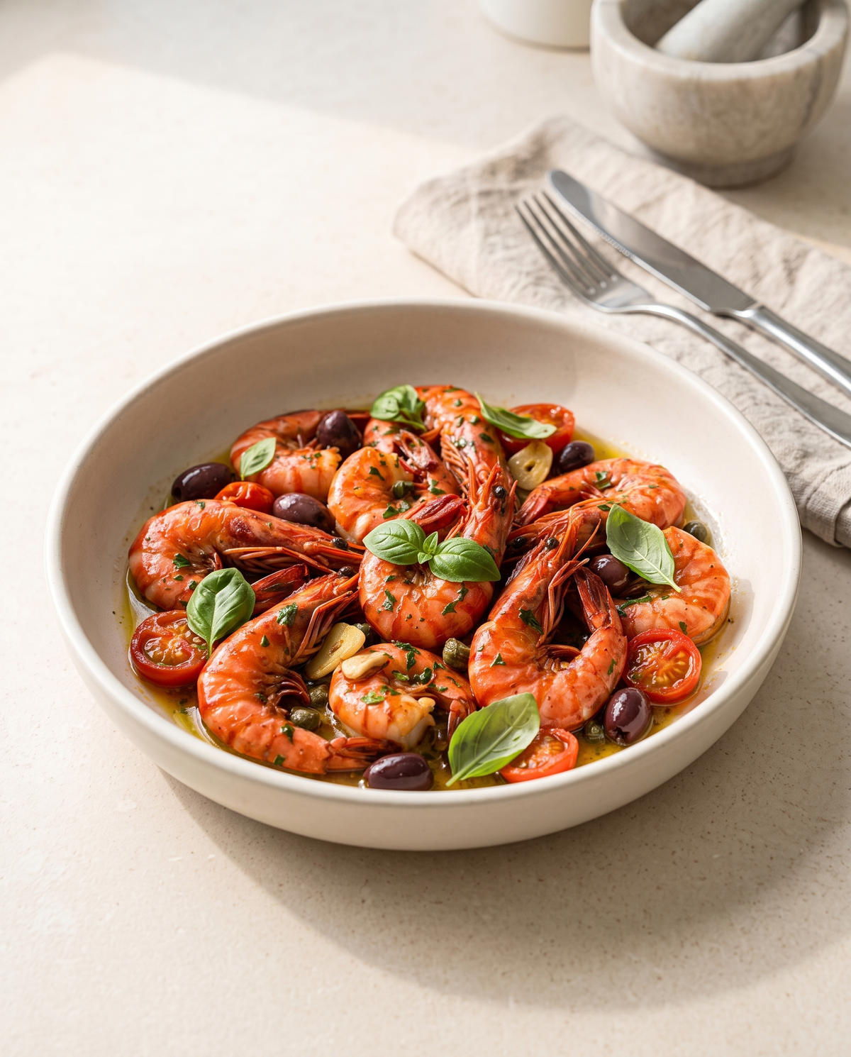 Mediterrane Garnelenpfanne – Garnelenkönig Rezept mit Argentinische Rotgarnele 8/12 · Easy Peel