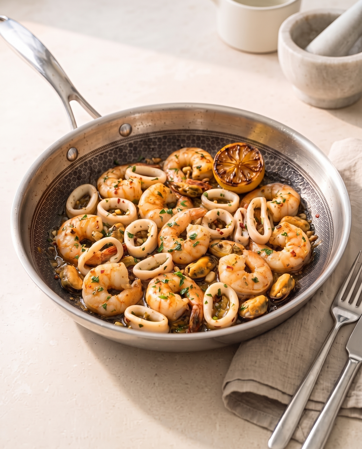 Garnelenkönig Seafood Mix Deluxe – Serviervorschlag Meeresfrüchte-Pfanne mit Knoblauch